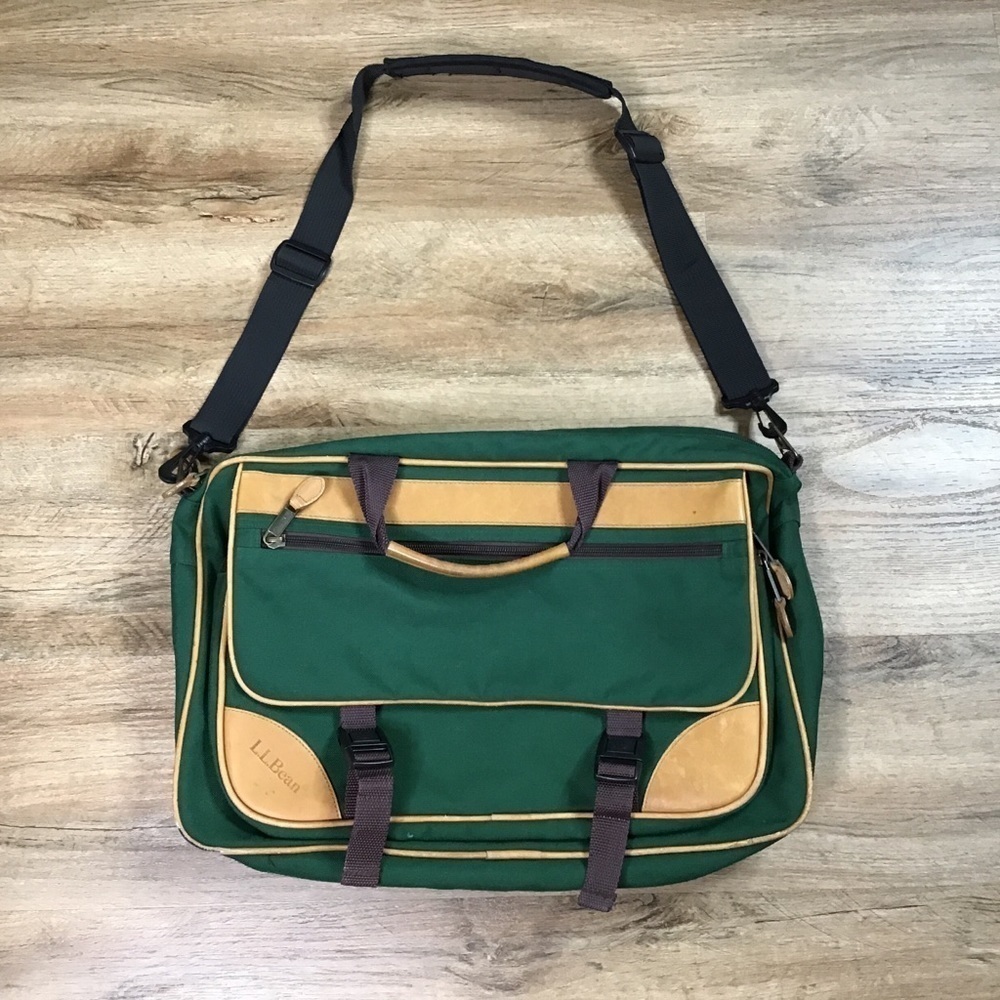 VINTAGE LL BEAN Messenger Lap Top Bag Shoulder Leather and Canvas Green …